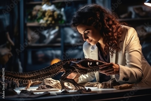 Paleontologist Woman Studying Dinosaur Skeleton In Museum  Science Occupation