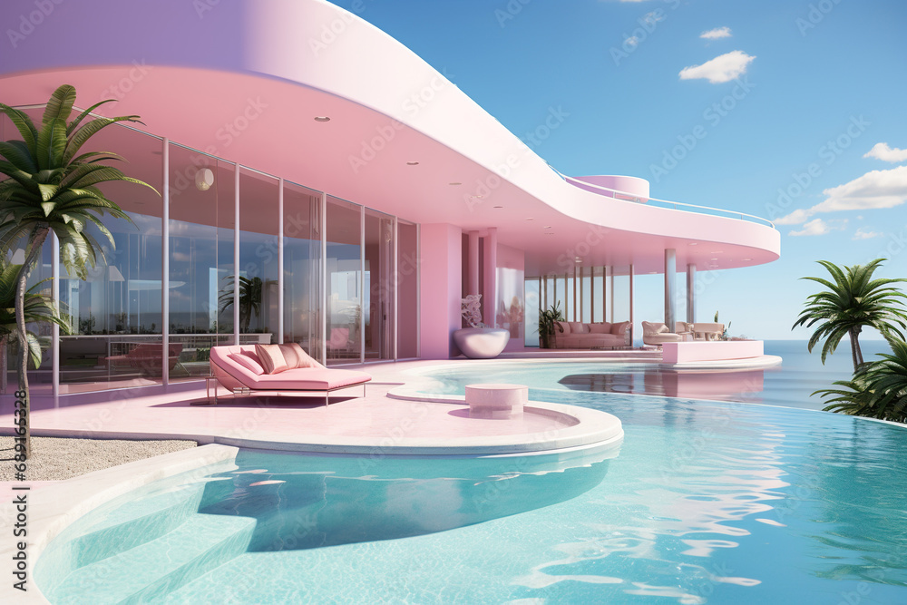 Fototapeta premium A modern design pink house with a swimming pool patio, villa, luxurious mansion exterior, AI generative.