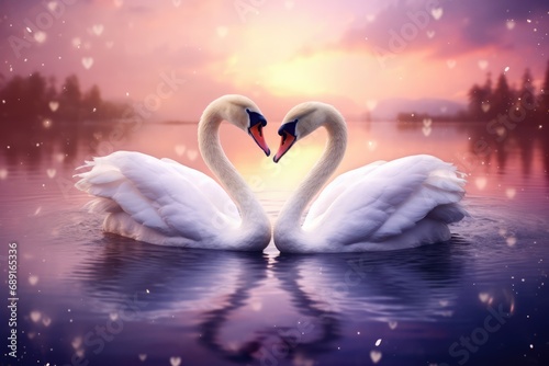 Romantic Swans Forming Heart Shape In Dreamlike Lake Scene © Anastasiia