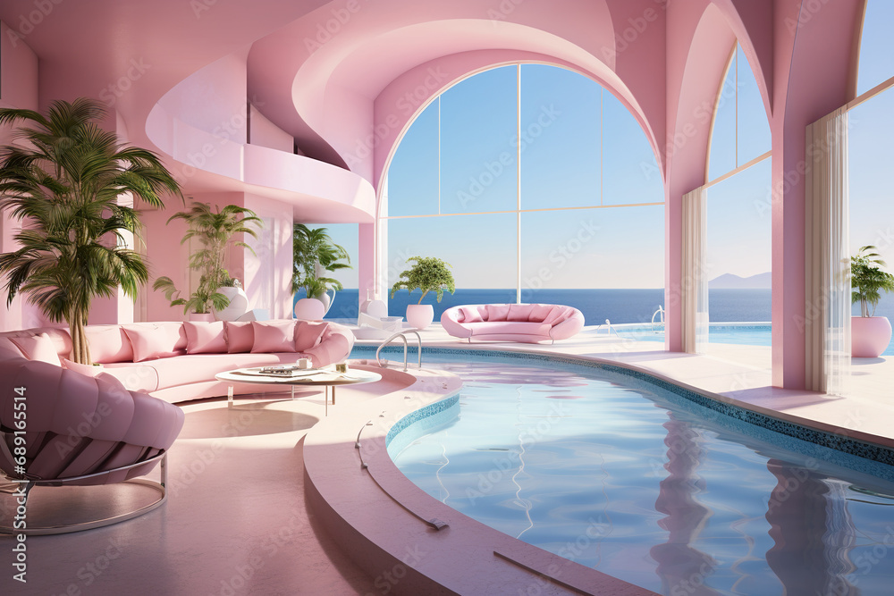 A modern design pink house with a swimming pool patio, villa,  luxurious mansion exterior, AI generative.