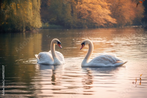 Swans Peacefully Dwell On Beautiful Lake. Сoncept Winter Wonderland, Festive Holiday Decorations, Cozy Fireplace, Snowy Landscapes, Warm Hot Cocoa