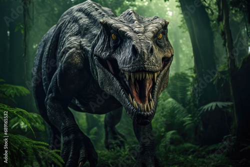 Terrifying T Rex Prowling The Jungle With Its Imposing Presence. Сoncept Dark And Mysterious Forest, Eerie Nighttime Ambiance, Unseen Menace In The Shadows, Fearful Encounter With The Unknown © Anastasiia