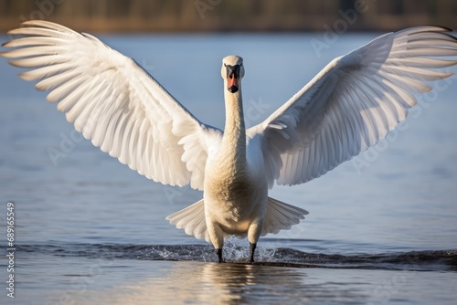 Fototapeta Naklejka Na Ścianę i Meble -  Swan Gracefully Glides With Wings Wide Open