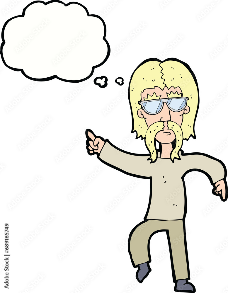 cartoon hippie man wearing glasses with thought bubble