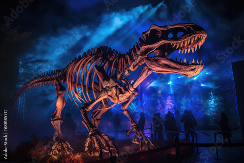Trex Dinosaur Skeleton Displayed With Mesmerizing Nighttime Lighting. Сoncept Nature-Inspired Abstract Paintings, Creative Food Photography, Urban Street Art, Vintage Film Photography © Anastasiia