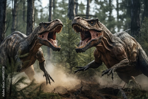 Two Trex Fighting In Pine Forest