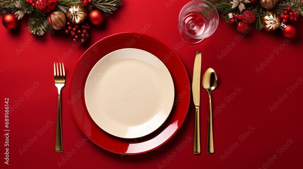 Christmas table setting on red background, top view created with Generative Ai Christmas table setting on red background, top view created with Generative Ai