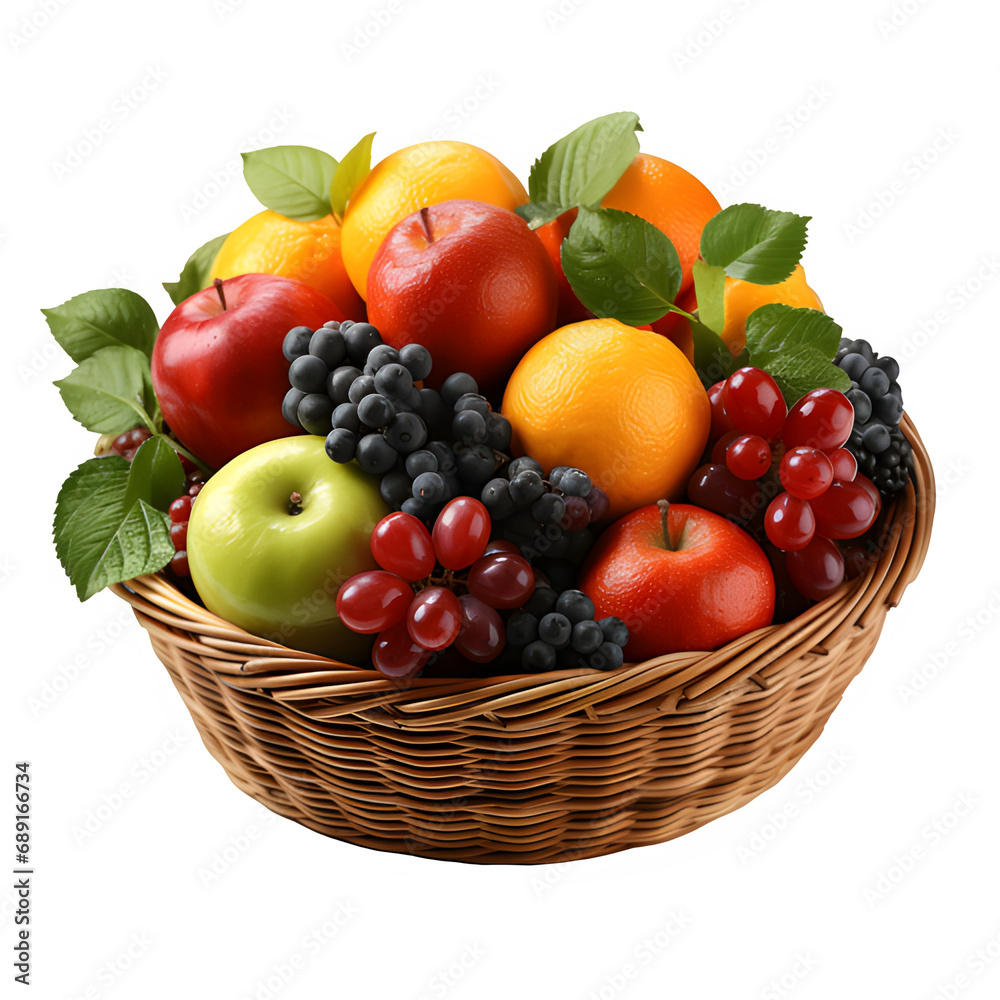 fruit in a rattan basket isolated on transparent background ,generative ai