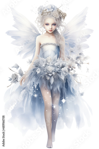 Winter fairy in the white sparkling dress with fairy wings, fairytale watercolor illustration isolated with a transparent background, cute fairy girl fashion design