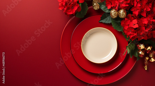 Christmas table setting on red background, top view created with Generative Ai