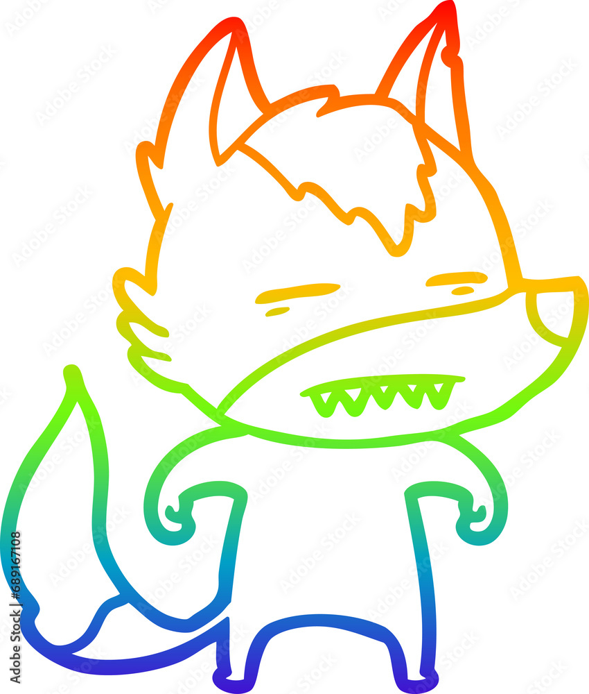 rainbow gradient line drawing of a cartoon wolf showing teeth rainbow gradient line drawing of a cartoon wolf showing teeth