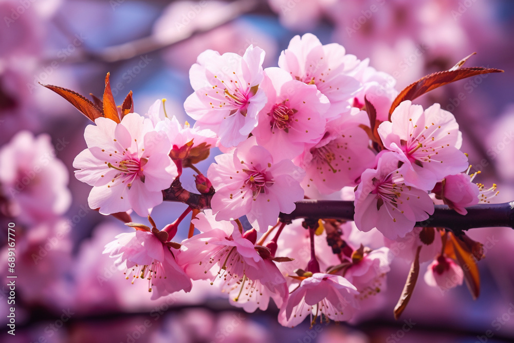 Obraz premium Beautiful pink flowers blooming on the branches of a cherry blossom tree created with Generative Ai