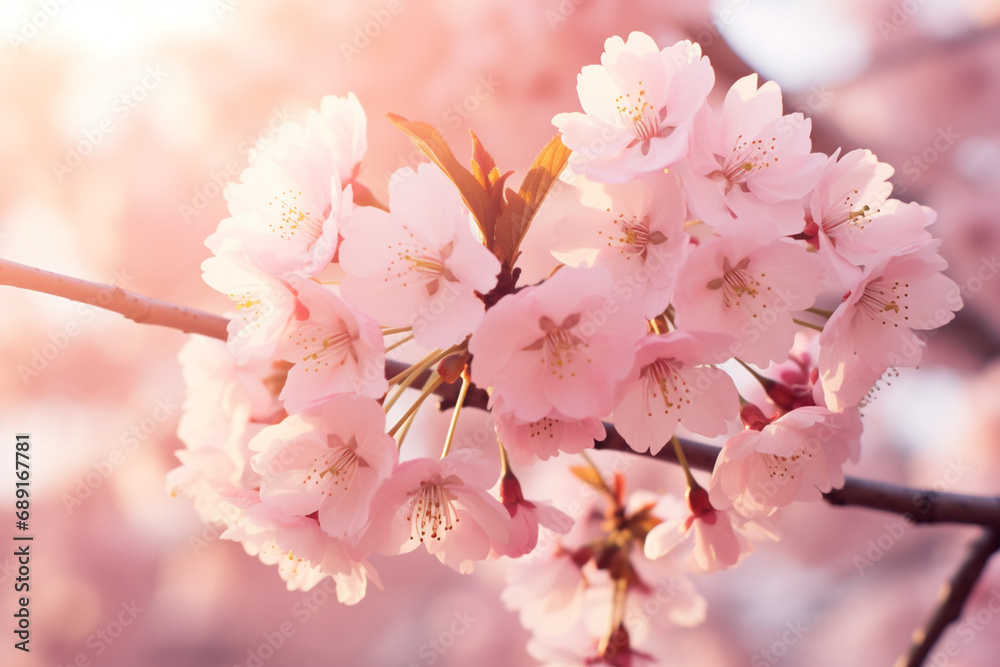 Obraz premium Beautiful pink flowers blooming on the branches of a cherry blossom tree created with Generative Ai