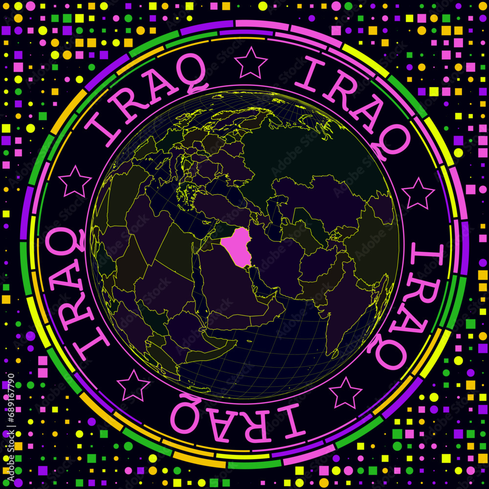 Futuristic Iraq on globe. Bright neon satellite view of the world centered on Iraq. Geographical illustration with shape of country and geometric background. Astonishing vector illustration. Futuristic Iraq on globe. Bright neon satellite view of the world centered on Iraq. Geographical illustration with shape of country and geometric background. Astonishing vector illustration.