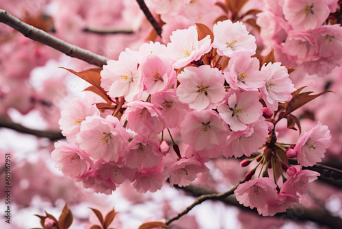 Beautiful pink flowers blooming on the branches of a cherry blossom tree created with Generative Ai