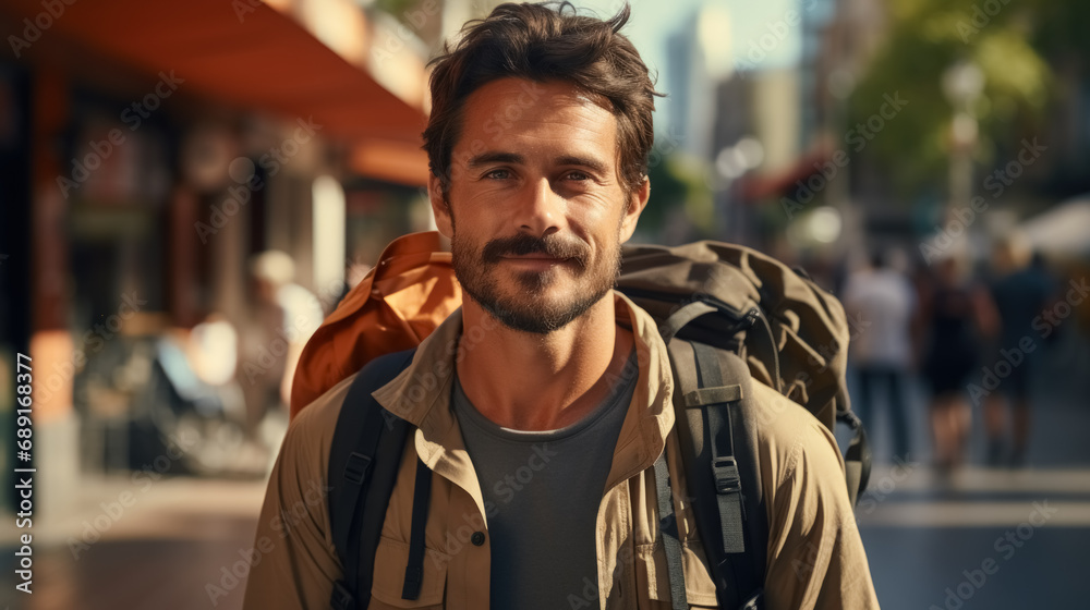 Fototapeta premium Backpacker man walking in city background. Generative ai.