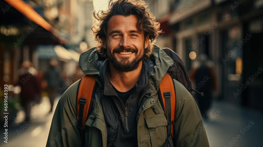 Backpacker man walking in city background. Generative ai.