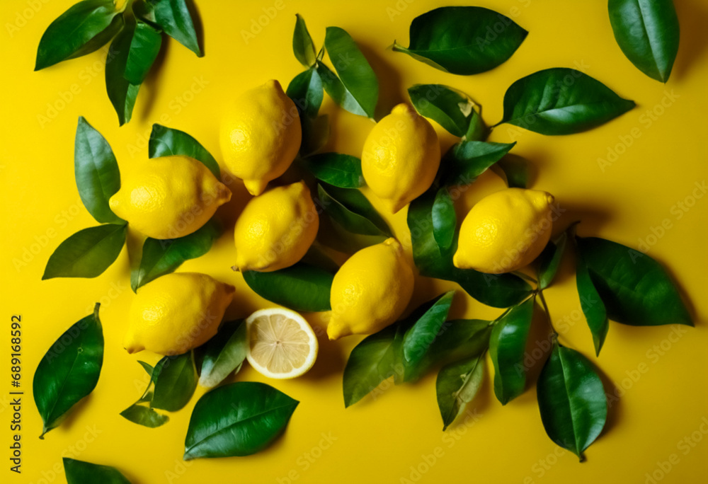 Vitalità Citrica- Limoni Freschi con Foglie Verdi su Sfondo Giallo