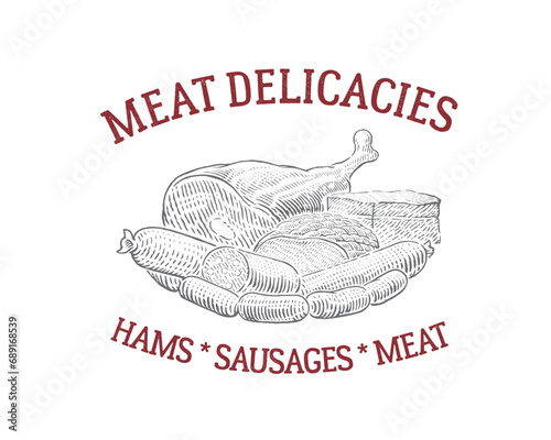 Still life made from sausage, meat, and meat delicacies, drawing in graphic style, as a mockup for a design element for label.