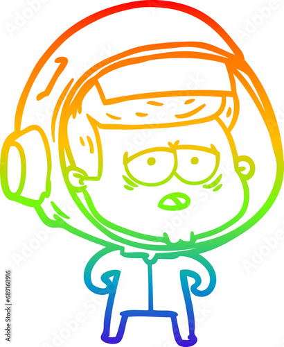 rainbow gradient line drawing of a cartoon tired astronaut