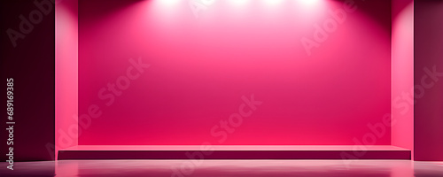 Empty pink room with spotlights for showcase. Banner format.