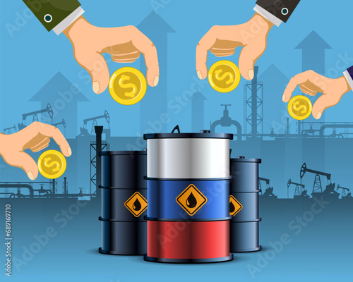Hands with dollar coins buy crude oil from Russia. Stock vector illustration.