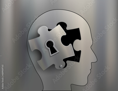 Keyhole on a puzzle in a human head. Stock vector illustration.
