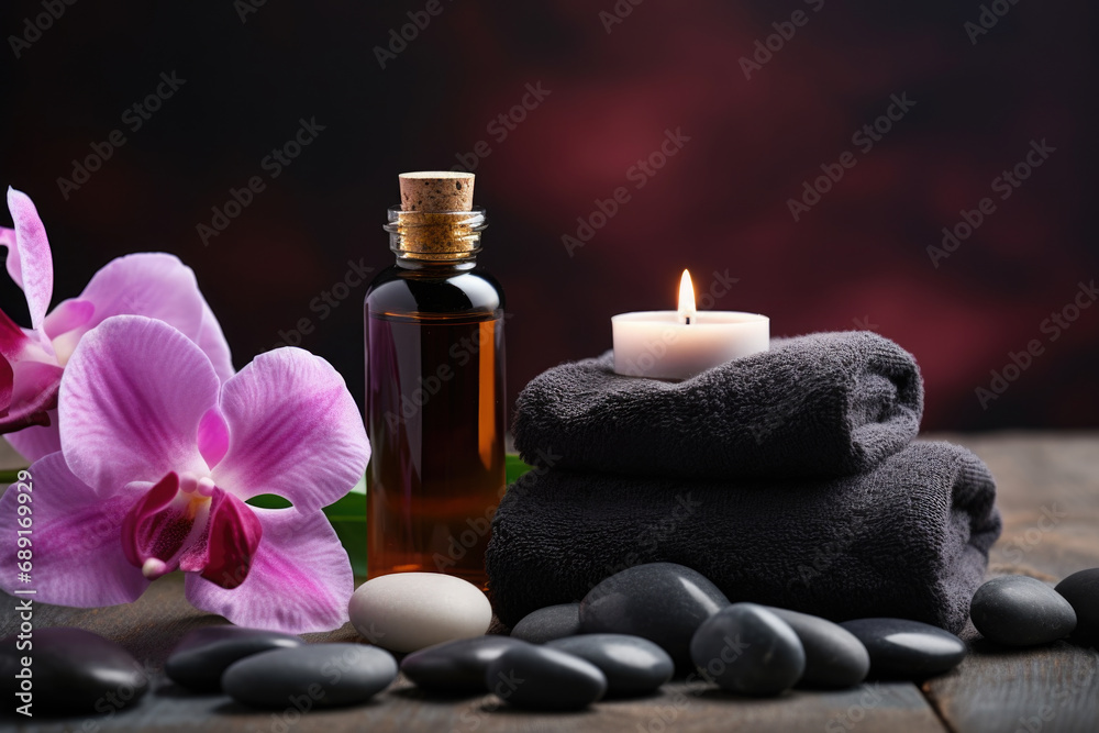 Spa composition with Carnation flower essential oil, zen stones and towels Spa composition with Carnation flower essential oil, zen stones and towels