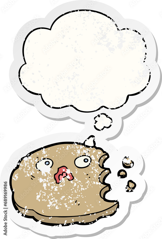 cartoon cookie with thought bubble as a distressed worn sticker cartoon cookie with thought bubble as a distressed worn sticker