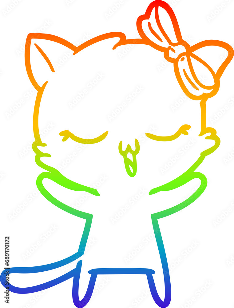 rainbow gradient line drawing of a cartoon cat with bow on head rainbow gradient line drawing of a cartoon cat with bow on head