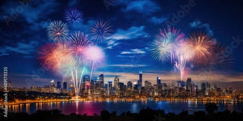 Colorful Fireworks over City skyline long exposure with beautiful dark blue sky © ETAJOE