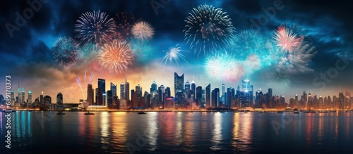 Colorful Fireworks over City skyline long exposure with beautiful dark blue sky © ETAJOE