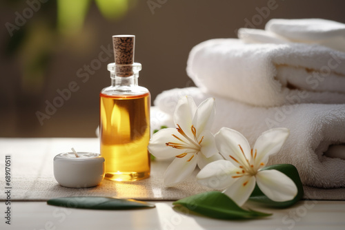 Spa composition with Bergamot blossom flower essential oil, zen stones and towels