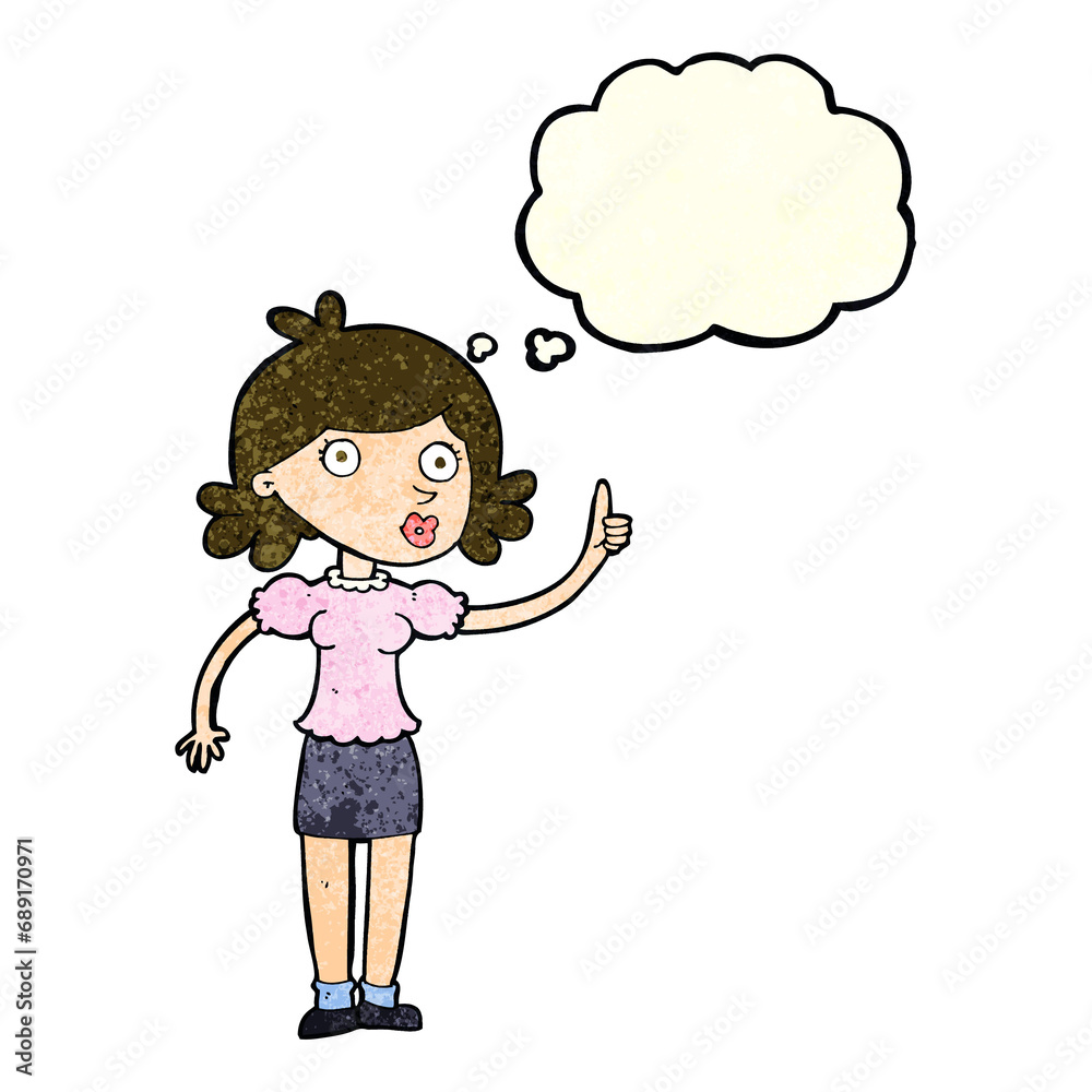 cartoon woman with idea with thought bubble cartoon woman with idea with thought bubble