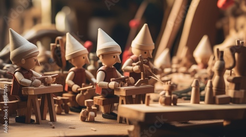 wooden Pinocchio dolls busily working in a toy-making workshop. photo