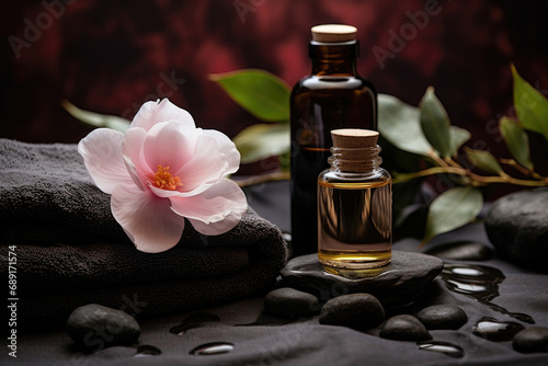 Spa composition with Camellia flower essential oil, zen stones and towels