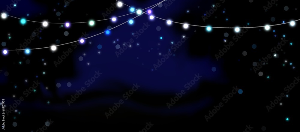 Christmas blue string lights on dark background 