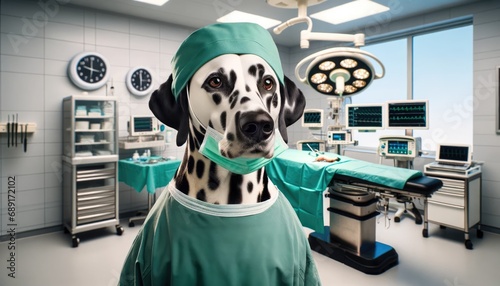 Dog in Surgeon Attire in an Operating Room