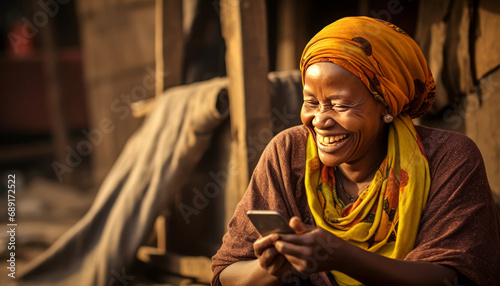Joyful slum woman, blending simplicity with serene grace.