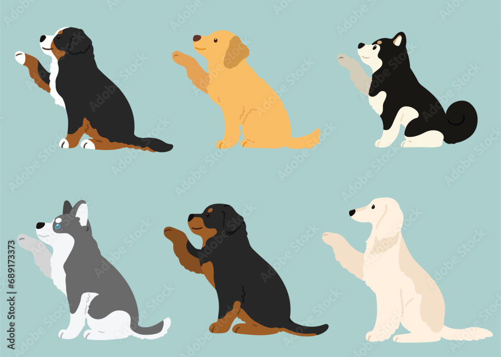 Illustration Collection of middle large dogs shaking hands flat colored - obrazy, fototapety, plakaty 