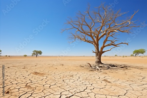 lonely dried tree in the desert with cracked dried soil