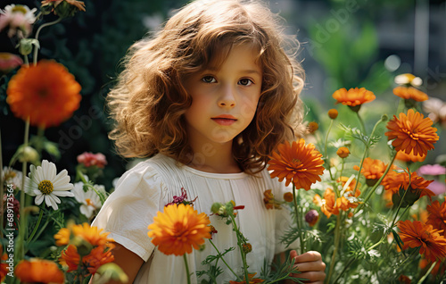 a child in a garden with flowers