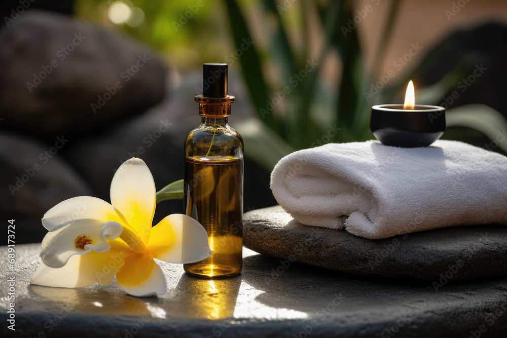 Spa composition with vanilla flower essential oil, zen stones and towels Spa composition with vanilla flower essential oil, zen stones and towels