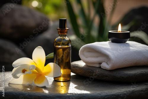 Spa composition with vanilla flower essential oil  zen stones and towels
