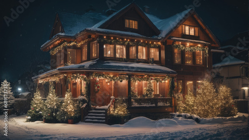snow covered suburban house with Christmas decorations