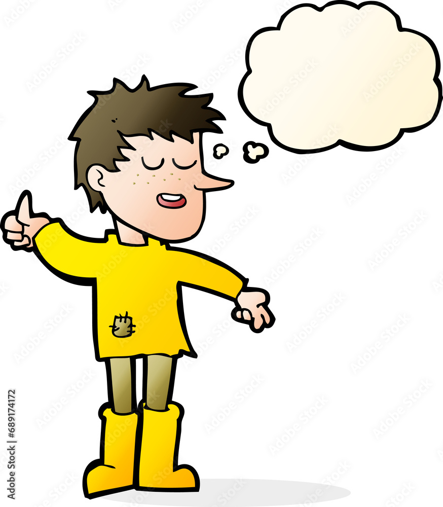 cartoon poor boy with positive attitude with thought bubble cartoon poor boy with positive attitude with thought bubble