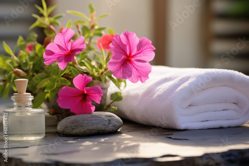 Spa composition with geranium flower essential oil  zen stones and towels
