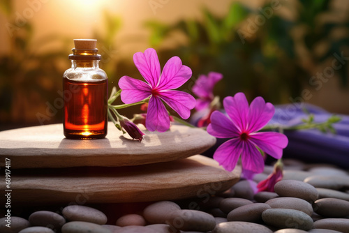 Spa composition with geranium flower essential oil, zen stones and towels