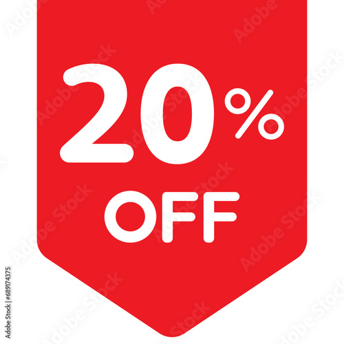 Single red 20% flag tag icon, simple round shopping promo sale flat design vector pictogram, infographic vector for app logo web button ui ux interface elements isolated on white background