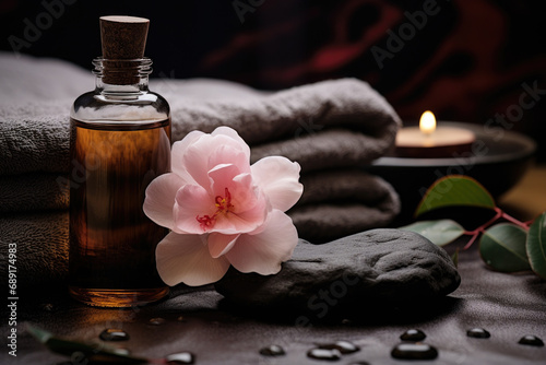 Spa composition with Camellia flower essential oil, zen stones and towels